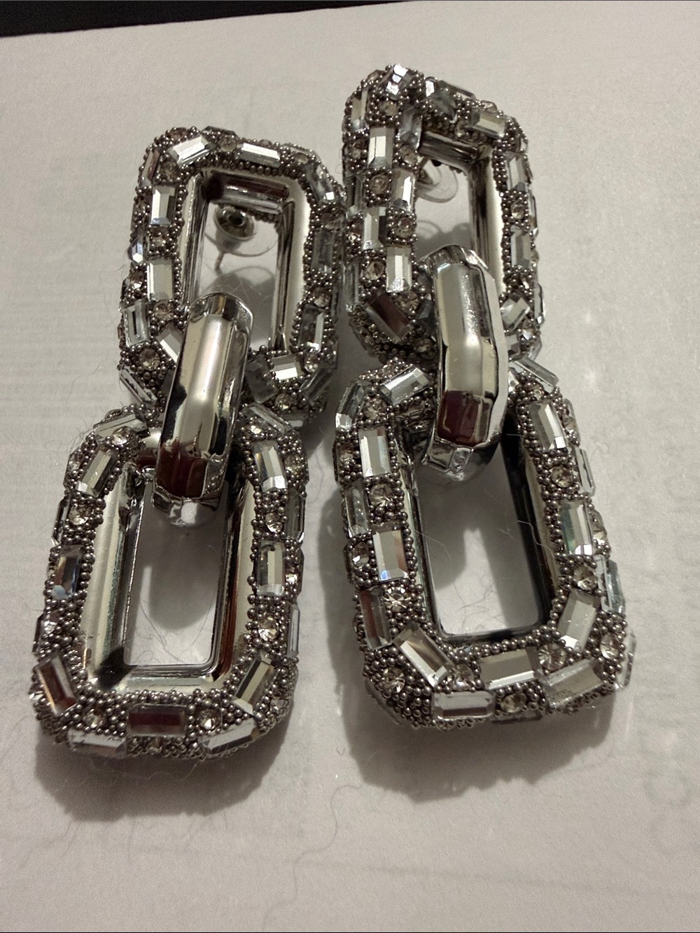 Fashion Crystal Link Drop Earrings - Silver Tone